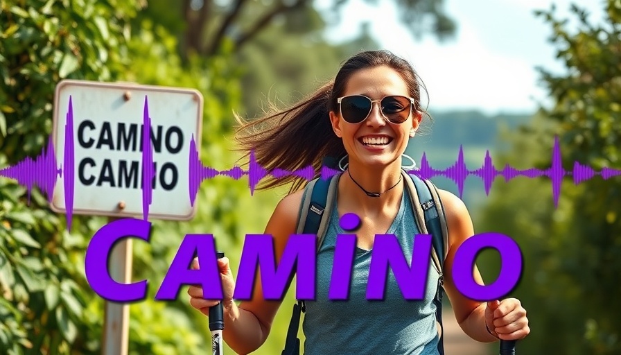 Jackie Kane Camino Adventure, hiking with trekking poles, lush background.