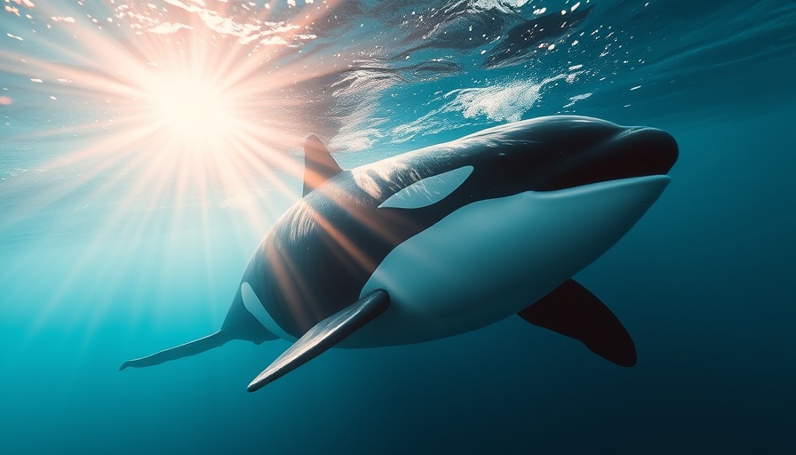 Graceful killer whale swimming under sunlit ocean surface.