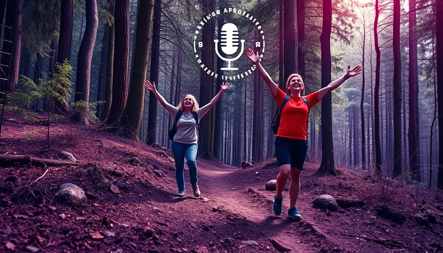 Women hiking the Appalachian Trail podcast promotion with soundwave graphic.