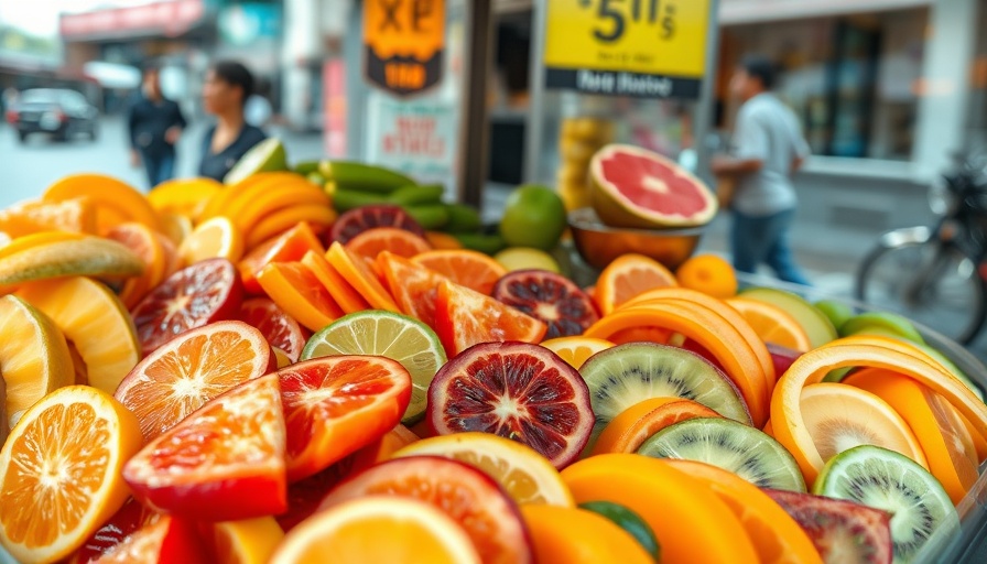 Close-up of fresh fruit display in street cart, highlighting fruteros.