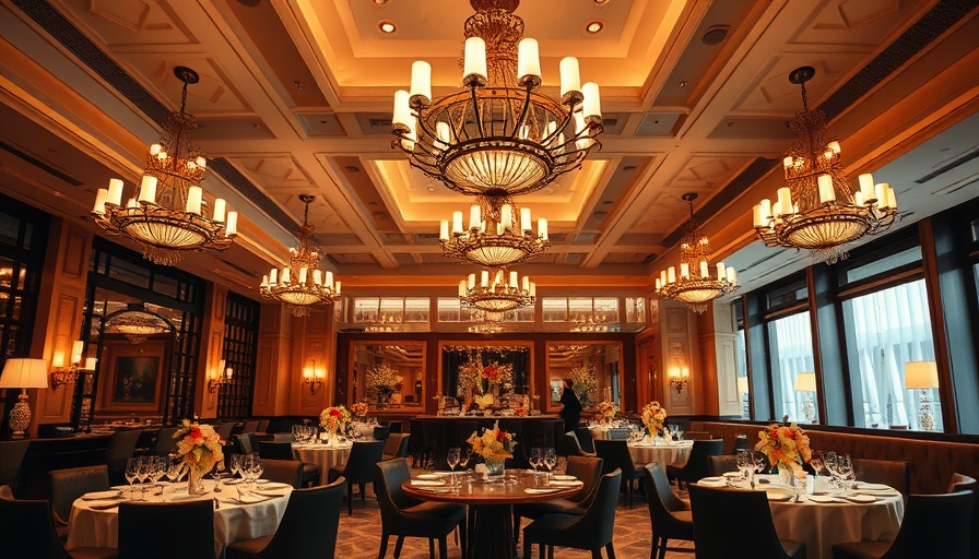 Elegant dining room with chandeliers and floral centerpieces.