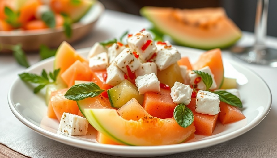 Zerbinati melon salad with feta, mint, and spices on plate