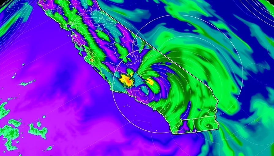 California weather map indicating potential thunderstorm outbreak with pressure lines.