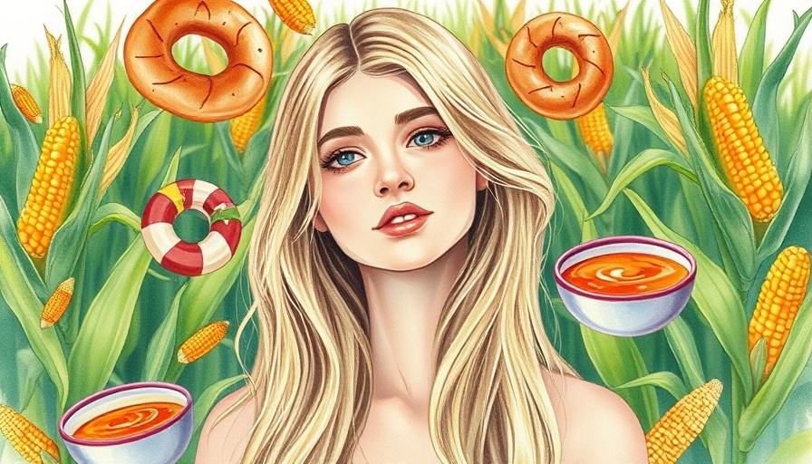 Whimsical watercolor of woman with floating foods, lush cornfield background.