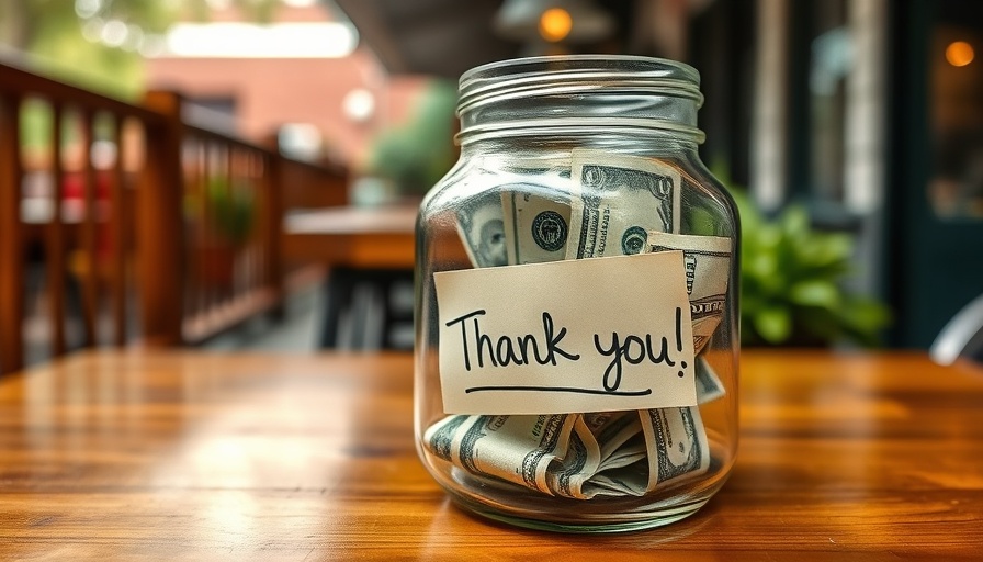 Glass tip jar filled with dollar bills and 'Thank you!' note in coffee shop.