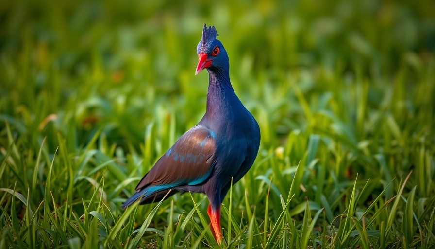 Purple swamphen at Melbourne bird haven on green grass.