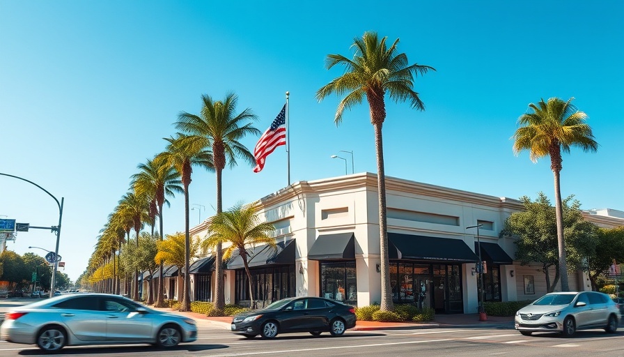 San Bernardino City Office with tall palm trees and American flag in urban setting.