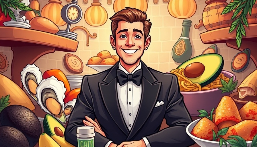 Tony Shalhoub surrounded by oysters and gourmet dishes in a vibrant illustration.