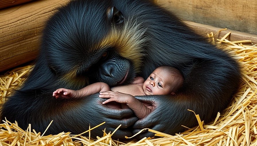 Bonobo mother with baby resting, warm lighting, UK zoo.