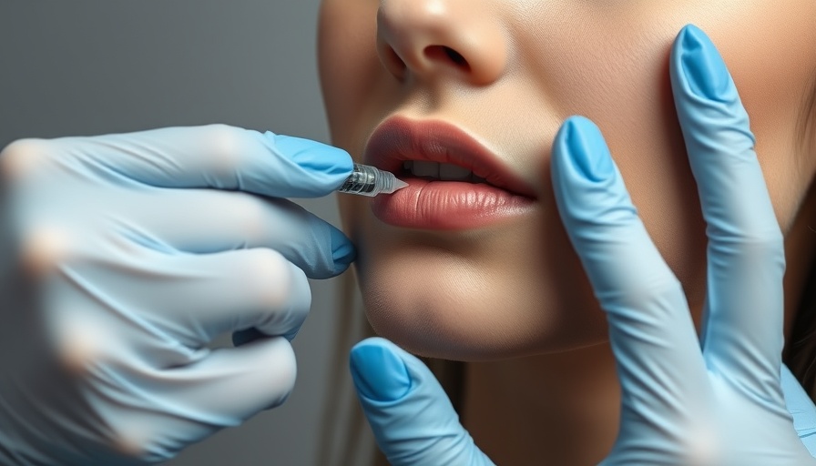 Young woman receiving cosmetic lip injection with blue gloved hands, Biocorneum Post-Op Healing Products.