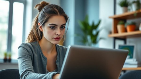 Focused woman using laptop at home office, Beauty Rep Platform for Aesthetic Providers.
