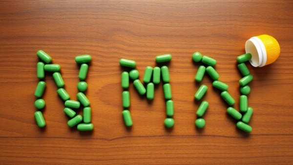 Green NMN capsules on wood with pill bottle - FDA NMN Supplements