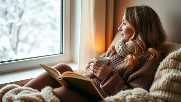 Relaxed woman enjoying coffee by a snowy window, emphasizing post-holiday spa treatments.