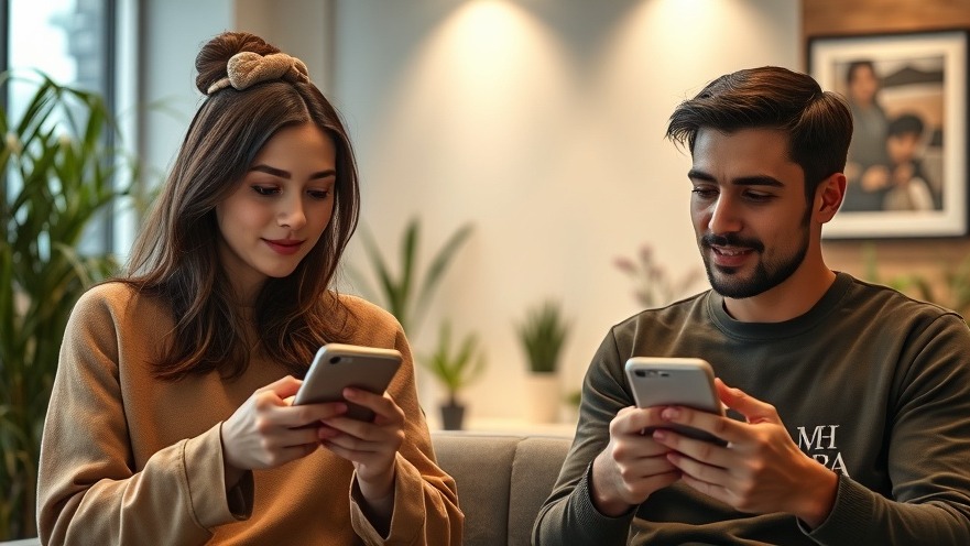 Casual young couple using smartphones in a modern medspa, showcasing social media strategies.