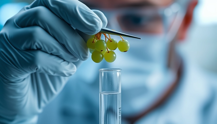 Scientist with blue gloves examining green sea grapes in a lab.