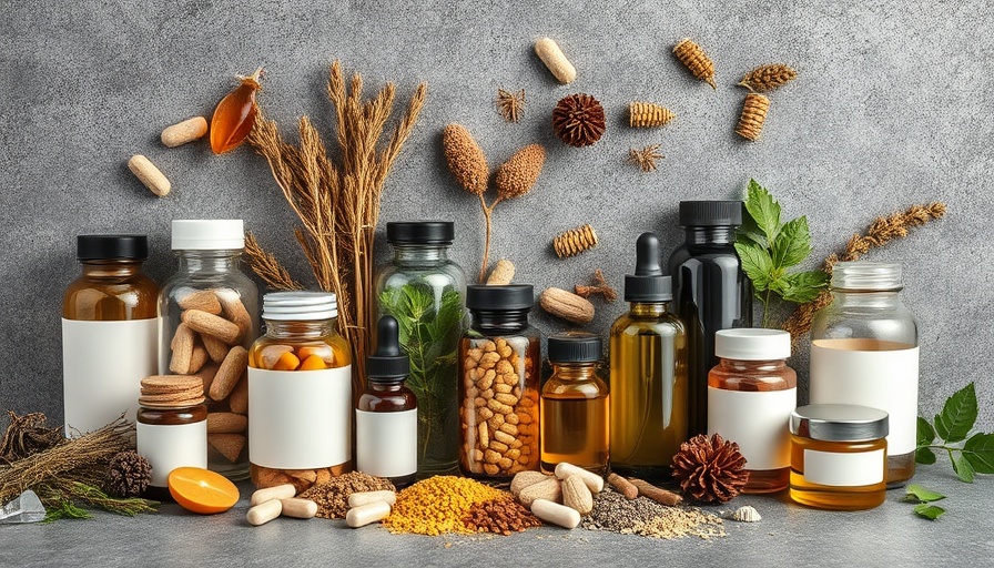 Nutraceutical assortment with herbs and capsules on gray surface.
