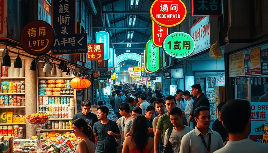 Urban market scene with neon lights and crowds, highlighting urban living.