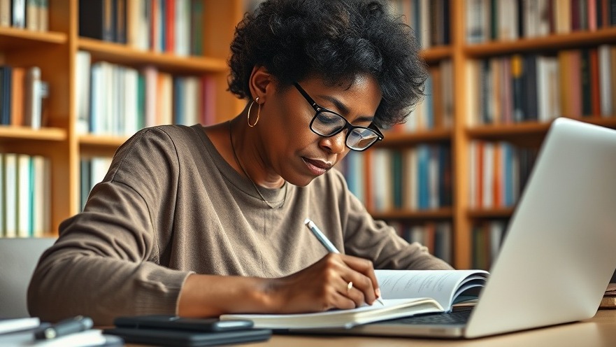 Middle-aged African woman in business focused on writing, showcasing professional development.