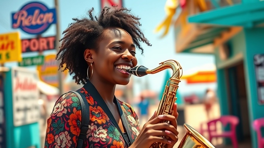 Joyful young African woman playing saxophone, celebrating Amapiano movement and cultural heritage.
