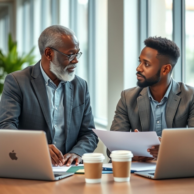 Engaged mentor and professional discussing work, highlighting mentorship benefits.
