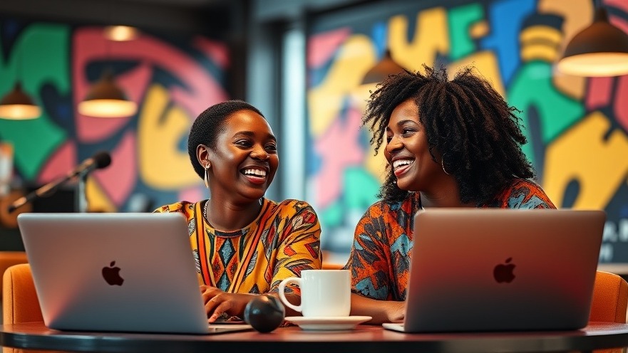 Joyful African women discussing AI integration for small business automation in a vibrant cafe.