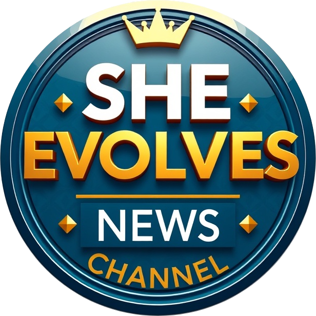 Bold 3D logo for SHE EVOLVES NEWS in circular design with gold accents.