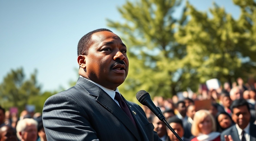 Historical figure inspiring a beloved community during a rally.