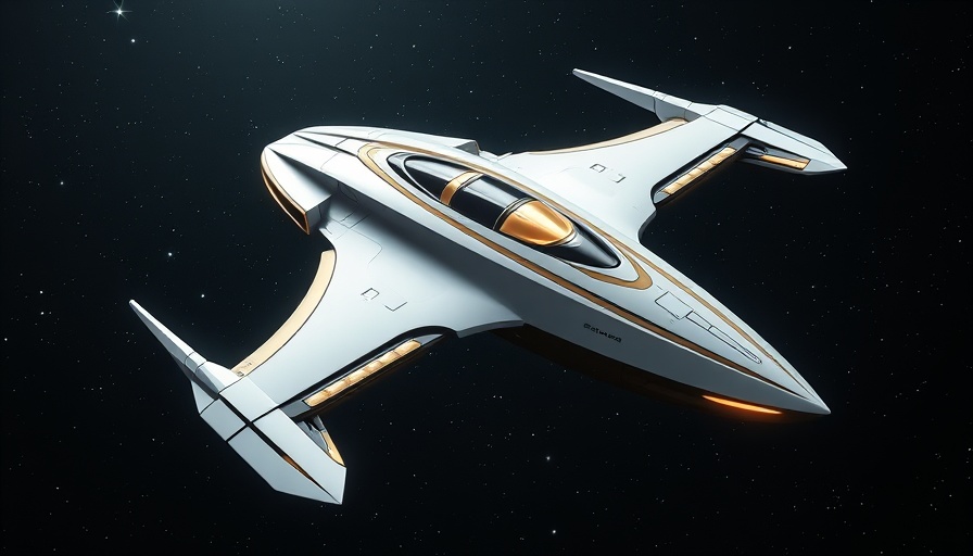 Sleek futuristic spacecraft in space, 2030-3000 A.D., with white and gold design.