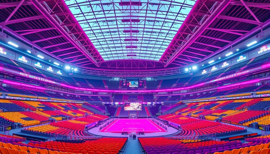 Stadium digital twin with vibrant colors and lighting effects.