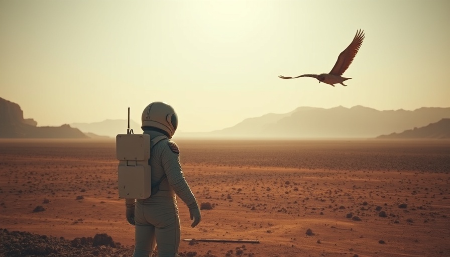 Astronaut in alien desert enhances visual storytelling with soaring creature.