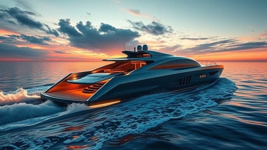 Futuristic yacht advanced design with Twinmotion, sunset render.