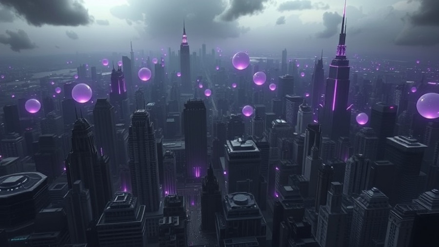 3D cityscape showcasing procedural content generation for city creation, purple highlights.