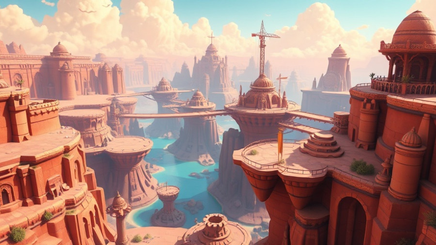 Animated game landscape with floating platforms, vibrant style.