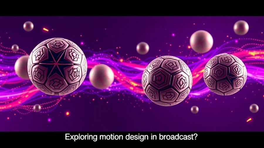 Vibrant sports broadcast motion design with floating soccer balls on a purple background.