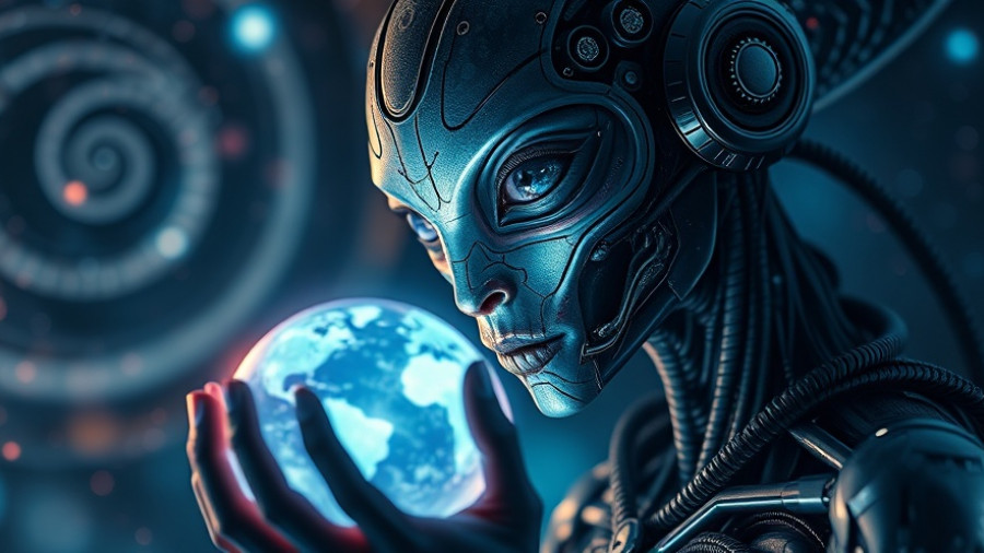 Futuristic alien holding holographic planet, Kardashev Scale civilizational advancement.