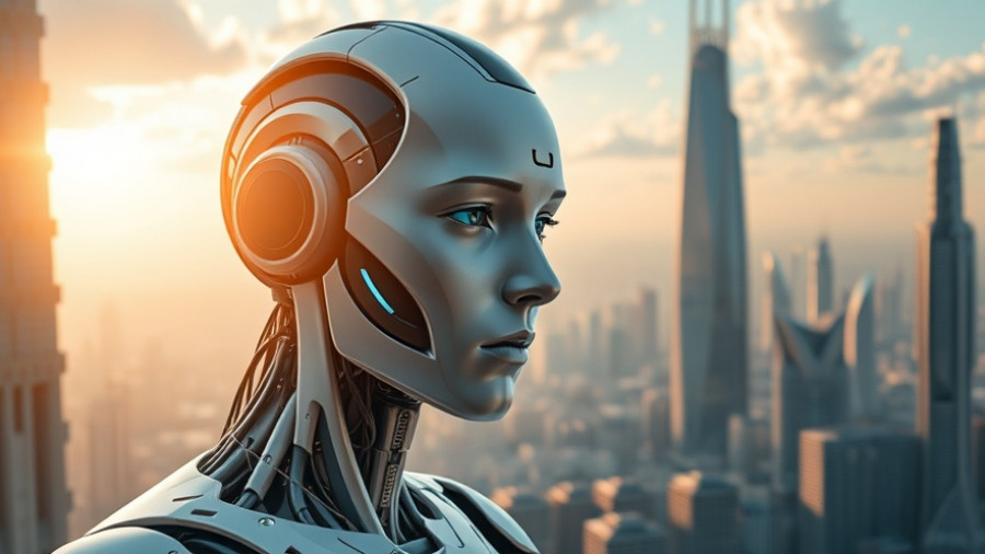 Futuristic humanoid robot in 2060 cityscape, representing Future of Technology in 2060.