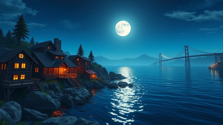Scenic coastal Fortnite village at night with moon and ocean.