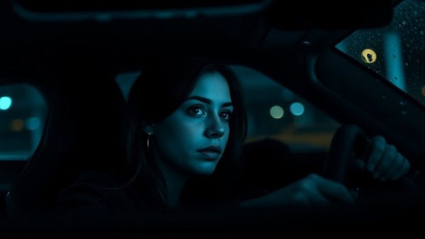 I Am Ripper game choices: Woman driving at night, cinematic scene.