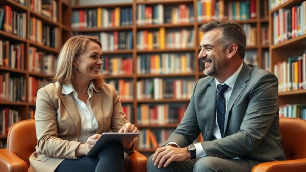 Two people discussing Waymo autonomous driving in a library setting.