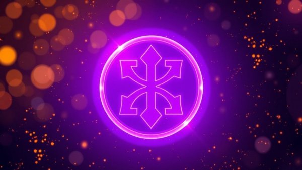 Futuristic glowing purple symbol with golden sparkles on a dark background.