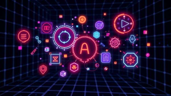 Futuristic 3D AI tools icons in a grid for web development.