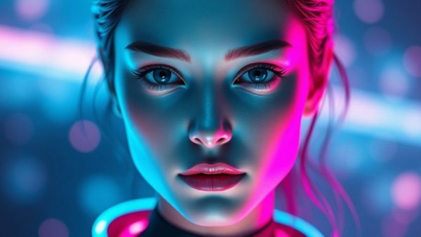 Futuristic AI digital human with neon elements at Unreal Fest 2025.