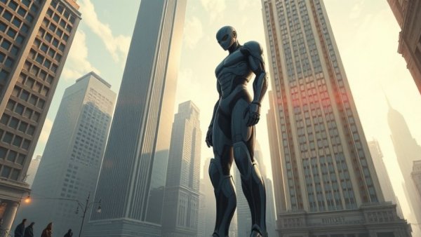 Animated giant figure in cityscape representing destruction in game development.