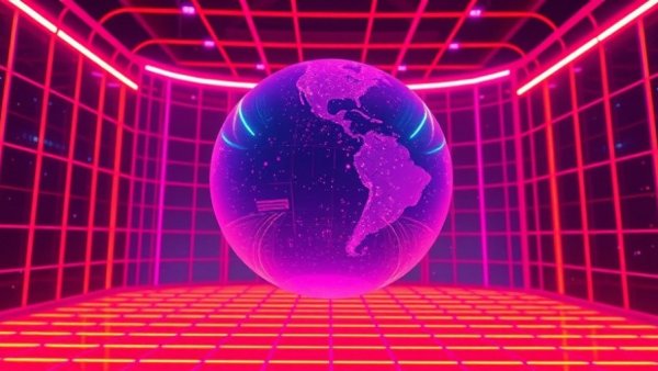 Glowing neon sphere on digital grid, AI in game development theme.