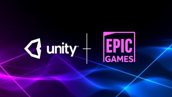 Unity and Epic Games collaboration illustrated with futuristic logos and neon lights.