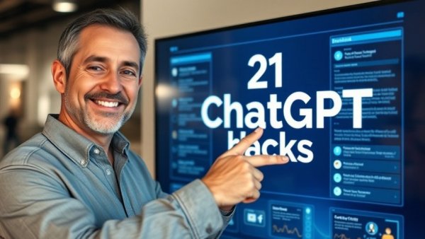 Man pointing to screen with '21 ChatGPT hacks' text for improved ChatGPT usage.