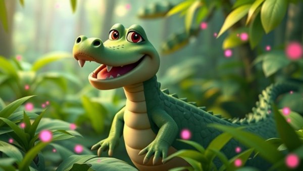 Creative Content Creation with Technology featuring a cartoon crocodile exploring a magical forest.