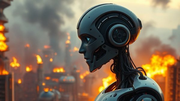 Robotic figure amid burning cityscape, AI's Future Opportunities for African Women.