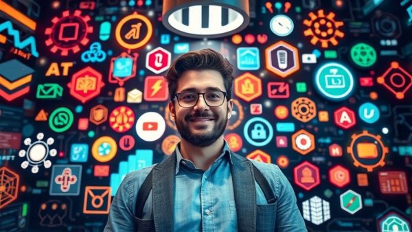 Confident man explores diverse practical AI tools with vibrant icons.