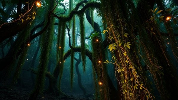 Interactive vines in gaming with glowing lights and forest setting.